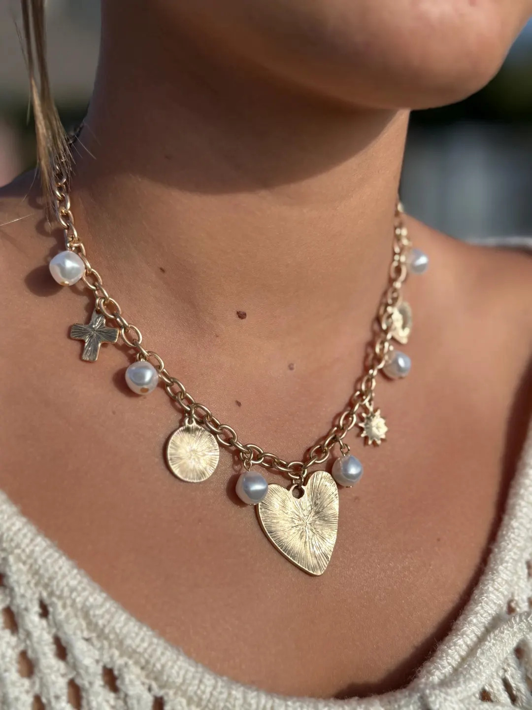 Gold Heart Charm Necklace with Pearls, Sunburst Heart Pendant, Chunky Chain Necklace, Layering Ne... | Etsy (US)