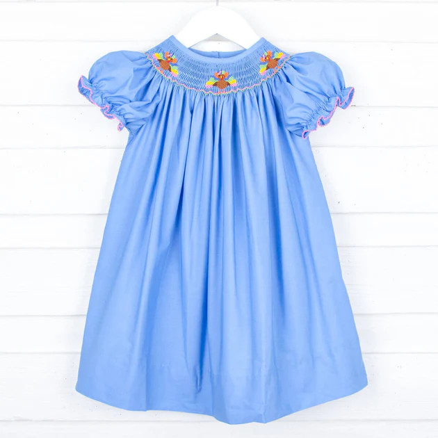 French Blue Smocked Turkey Dress | Classic Whimsy