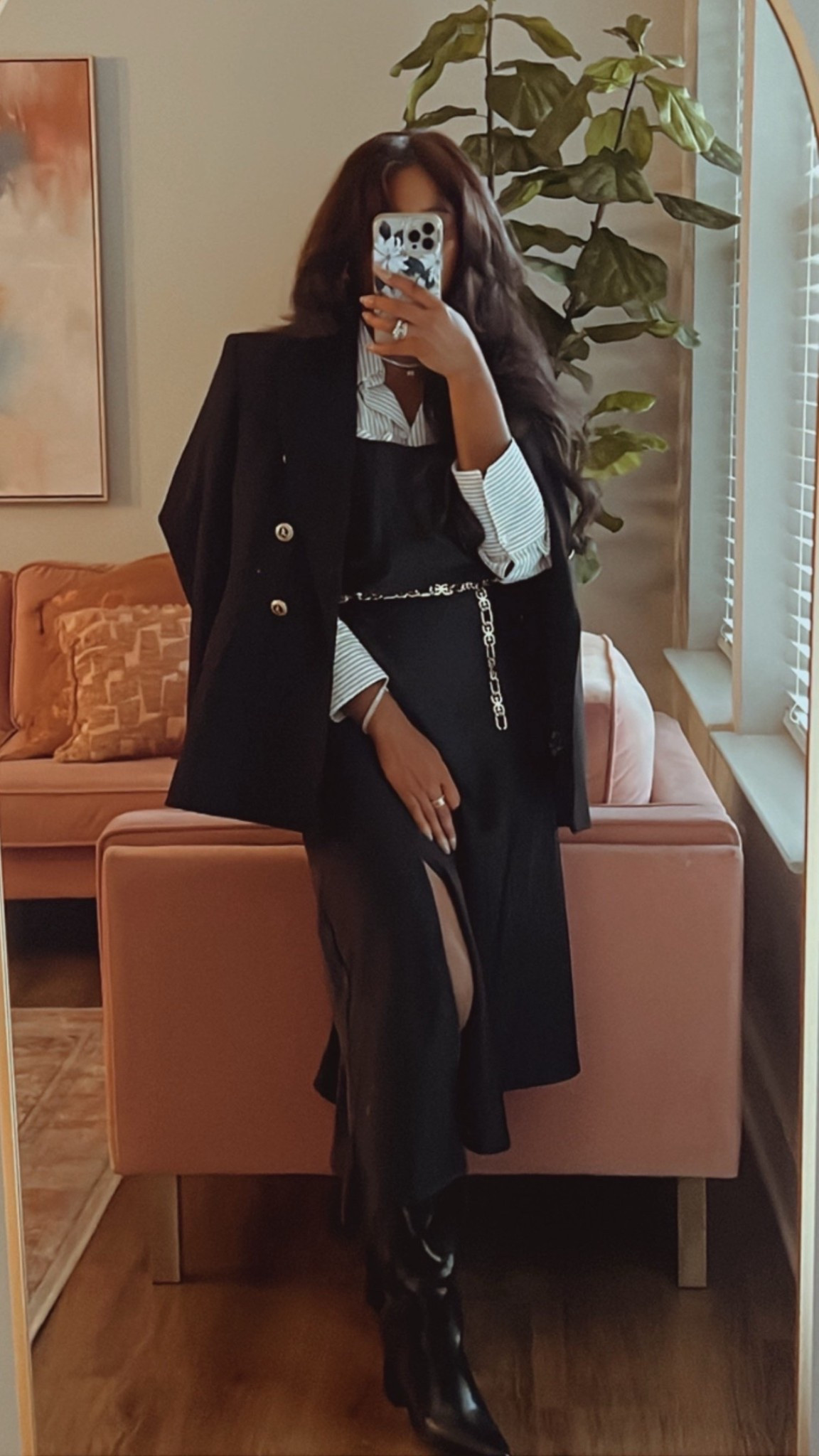 old money aesthetic, fall outfit, black blazer, satin slip dress, striped button down, knee high boots, chain belt, chic layering, capsule wardrobe, minimalist fashion, elevated style, sophisticated outfit, neutral tones, mirror selfie, timeless style, luxury outfit inspo, classic black outfit, elegant street style, office chic, understated glam, fashion blogger style, modern femininity, refined wardrobe essentials#LTKStyleTip 

#LTKPetite #LTKWorkwear