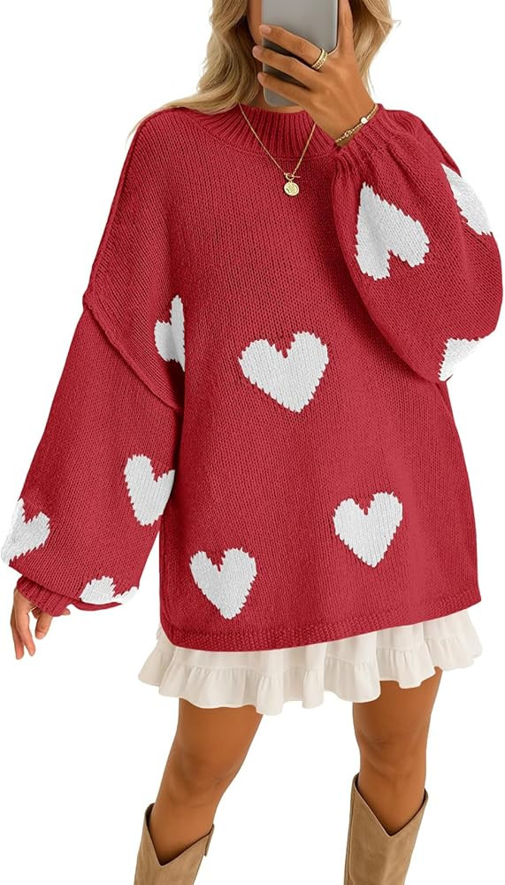 Saodimallsu Womens Oversized Heart Sweater Valentines Cute Mock Neck Chunky Knit Long Sleeve Tuni... | Amazon (US)