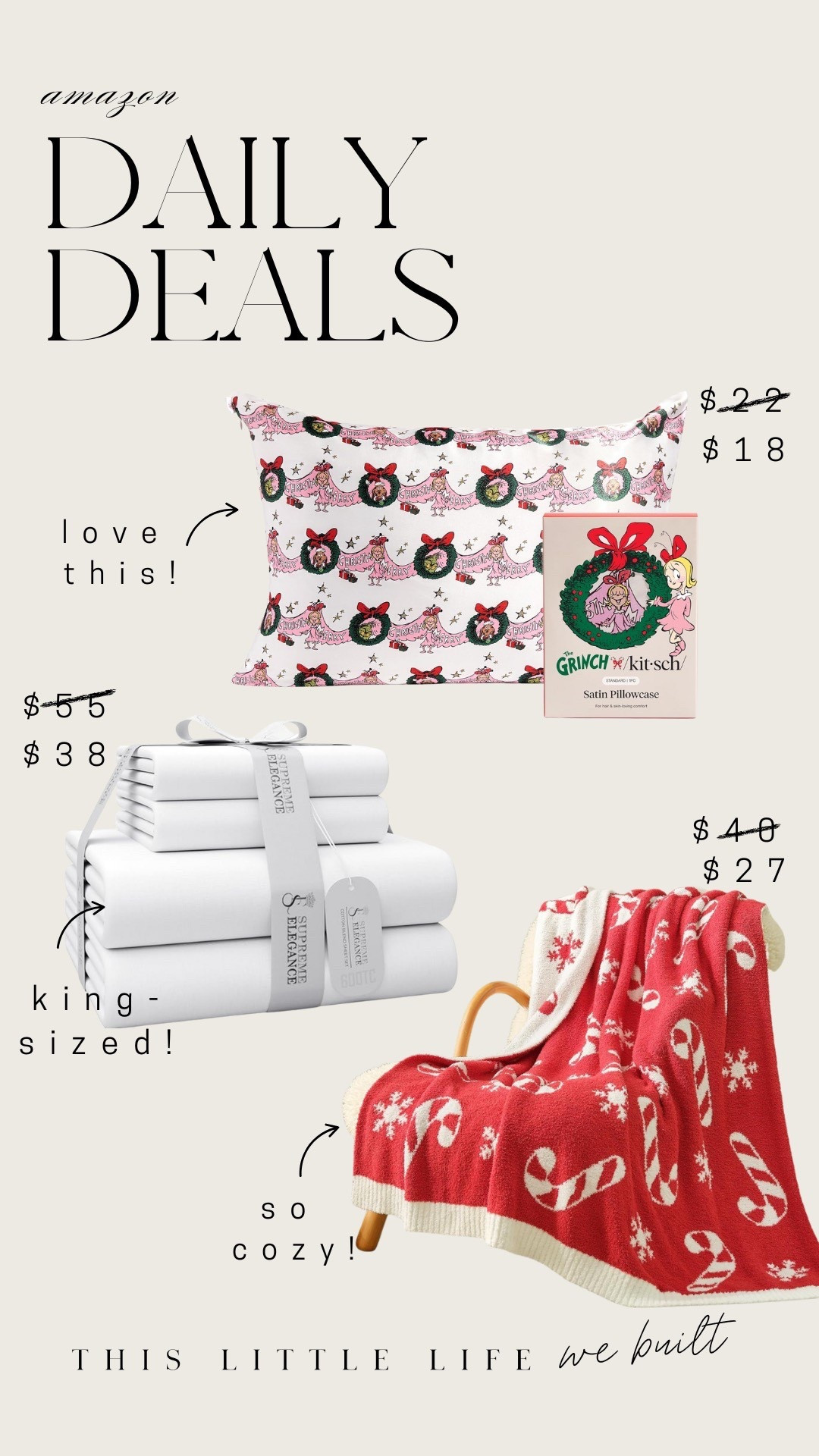 Amazon daily deals! 


Christmas bedding, satin pillow case, gift ideas, sheets, king size, affordable home, Amazon finds 

#LTKSaleAlert #LTKFindsUnder50 #LTKHome