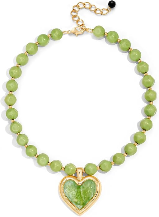 Chunky Heart Choker Necklaces for Women, Green/White Beaded Puff Heart Necklace Birthday Jewelry ... | Amazon (US)
