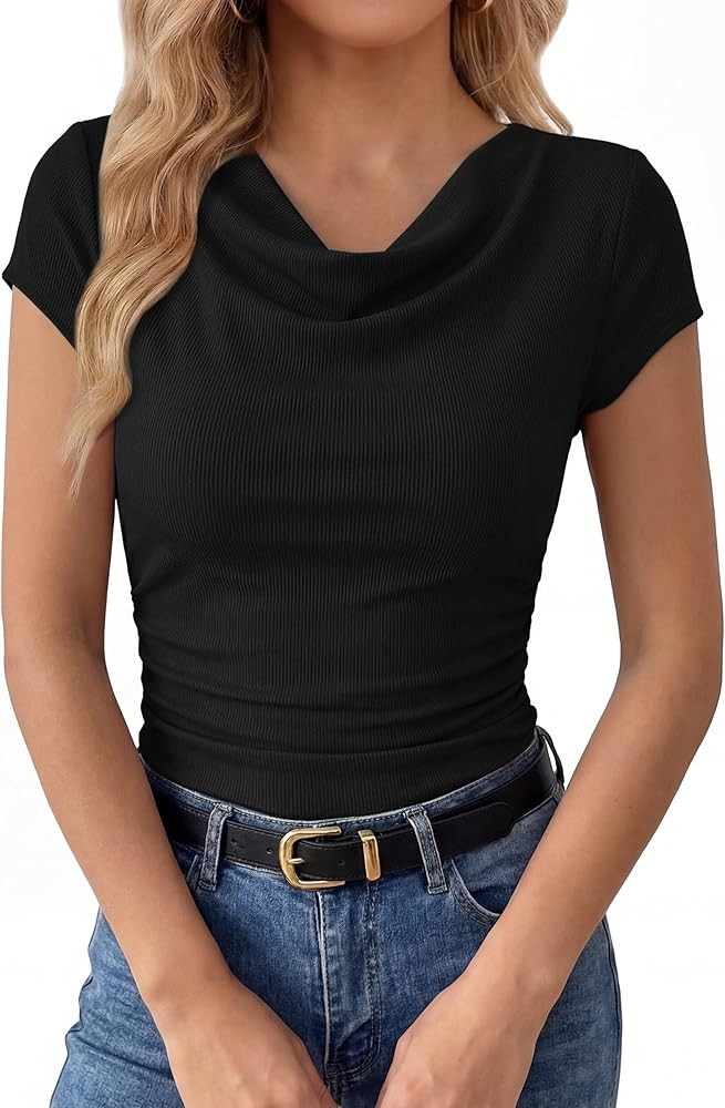 Womens Summer Tops Cowl Neck Short Sleeve Ruched T-Shirts Ribbed Knit Fitted Shirts Business Casu... | Amazon (US)