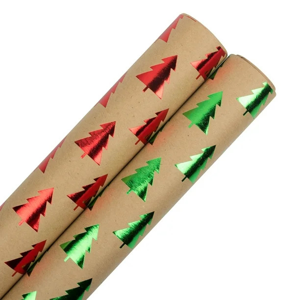 JAM Christmas Wrapping Paper, 25 Sq ft Each, 2/Pack, Kraft Red & Green Trees Gift Wrap - Walmart.... | Walmart (US)