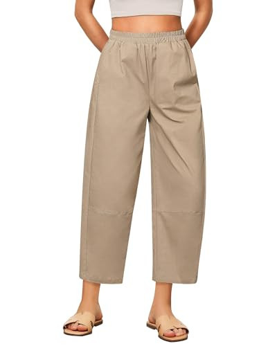 GRAPENT Comfy Fit Pants for Women Wide Leg Cropped Pants Baggy Pants with Elastic Waist Wide Leg Pants for Women Summer Pants Pull On Wide Leg Casual Pants for Women Color Tan Large Size 12 to 14 | Amazon (US)
