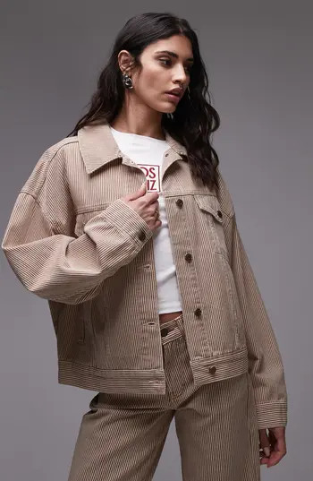 Topshop Stripe Denim Balloon Sleeve Jacket in Rust Multi at Nordstrom Rack, Size Large | Nordstrom Rack