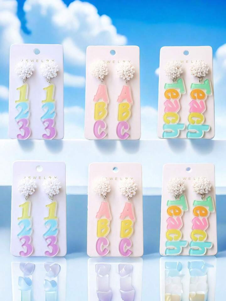 1 Pair Of Delightful ABC 123 Teach Earrings - Handcrafted Sparkling Alphabet & Numbers - Lightwei... | SHEIN