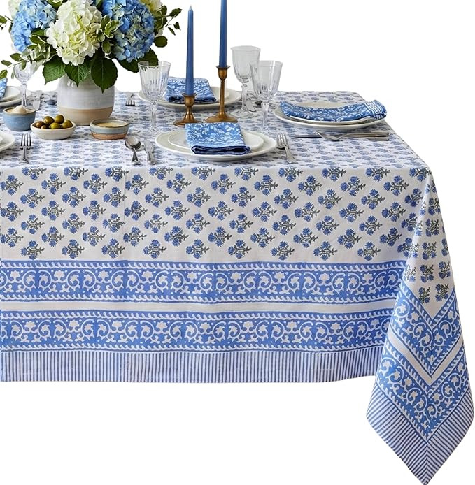 ATOSII Gulbahar Blue 100% Cotton Spring Square Tablecloth, Handblock Print Floral Table Cloth Lin... | Amazon (US)