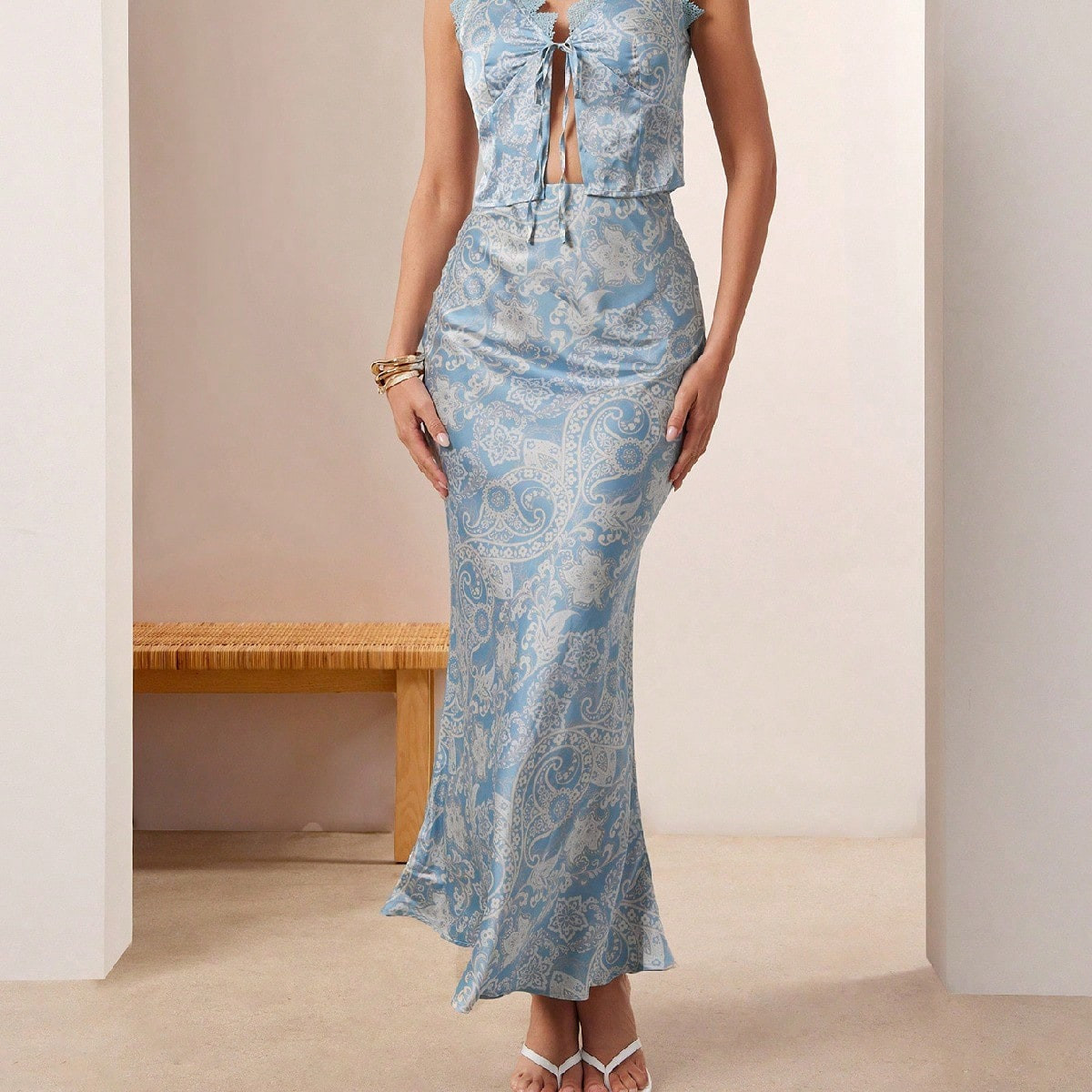 L'Amorae Elegant Satin Paisley Mermaid Hem Beach Maxi Skirt , Summer Outfits For Women, Beach Outfits For Women | SHEIN