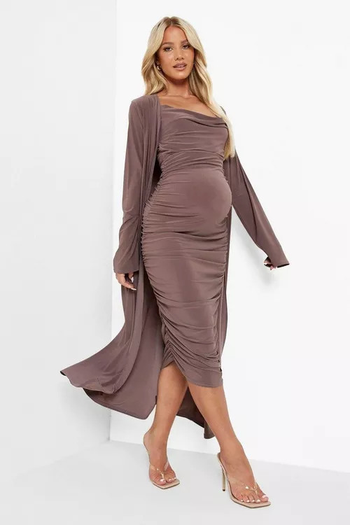 Maternity Strappy Cowl Neck Dress And Duster Coat | Boohoo.com (US & CA)