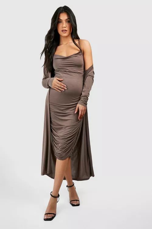 Maternity Strappy Cowl Neck Dress And Duster Coat | Boohoo.com (US & CA)