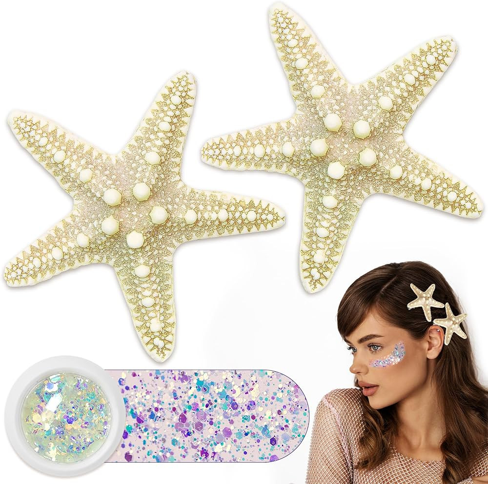2 Pcs Starfish Hair Clip with Face Glitter Body Glitter, Mermaid Hair Clips Accessories for Women... | Amazon (US)
