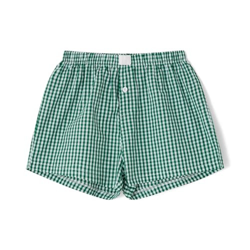 Women Gingham Boxer Shorts Y2k Cute Stripes Plaid Button Elastic Waist Lounge Boxers Green S | Amazon (US)