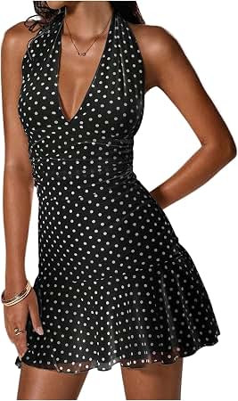 Floerns Women's Summer Sleeveless Halter Backless Polka Dots Mini Sun Dress | Ruffle Hem, Mesh, H... | Amazon (US)