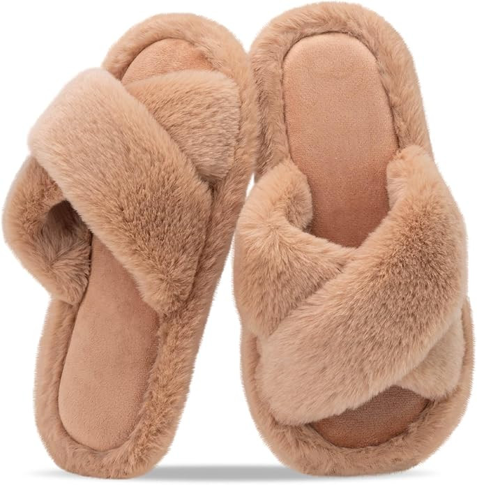 Women's Fuzzy Slippers for Women Cross Band Comfy House Shoes Faux Fur Lined Sandals Slides Memor... | Amazon (US)