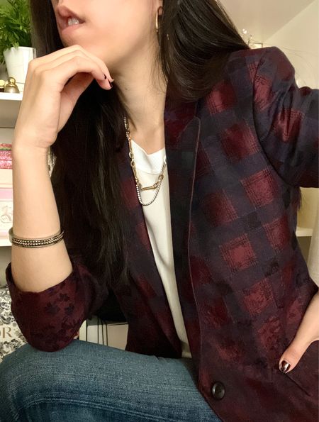 This blazer features a navy blue and crimson red plaid pattern along with some printed leaves around the bottom and sleeves. I wanted it to be the main focus so I paired this blazer with some denim and my silk top.

#LTKstyletip #LTKFind #LTKworkwear