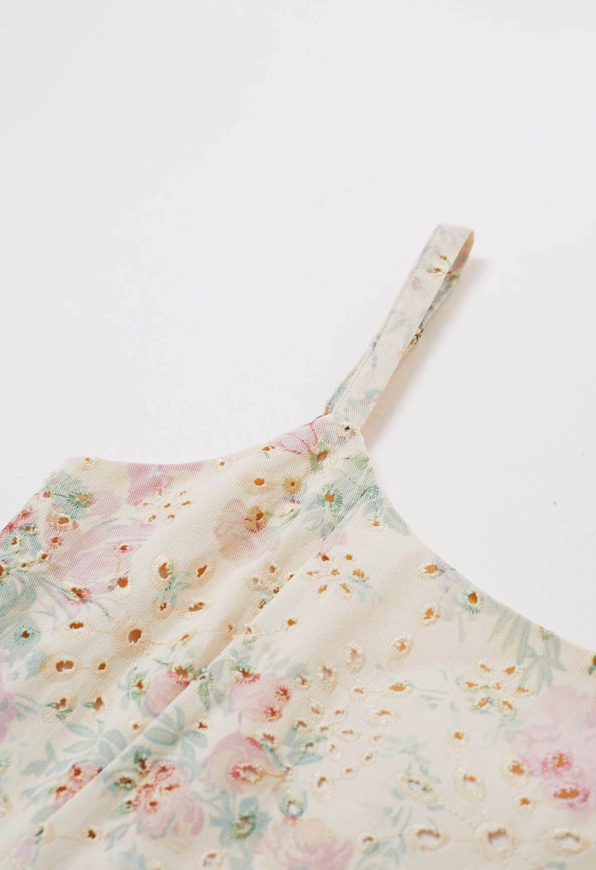 Rose Printed Eyelet Embroidered Cami Denim Dress in Pink | Chicwish