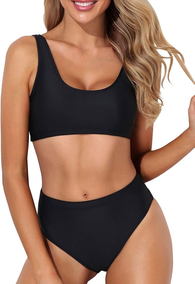 Tempt Me Women Two Piece Scoop Neck Bikini Crop Top High Cut Swimsuit Sporty High Waisted Bathing... | Amazon (US)