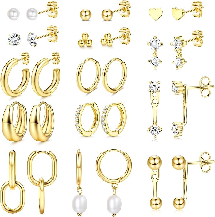 BESTEEL 14Pairs Small Gold Hoop Earrings Set for Women - 14K Gold Plated Hypoallergenic Lightweig... | Amazon (US)