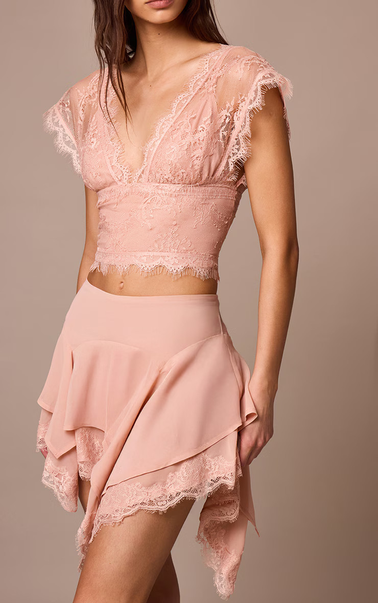 Apricot Chiffon Layered Lace Detail Mini Skirt | PrettyLittleThing US