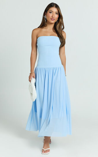 Cherie Midi Dress - Strapless Drop Waist Dress in Blue | Showpo (US, UK & Europe)