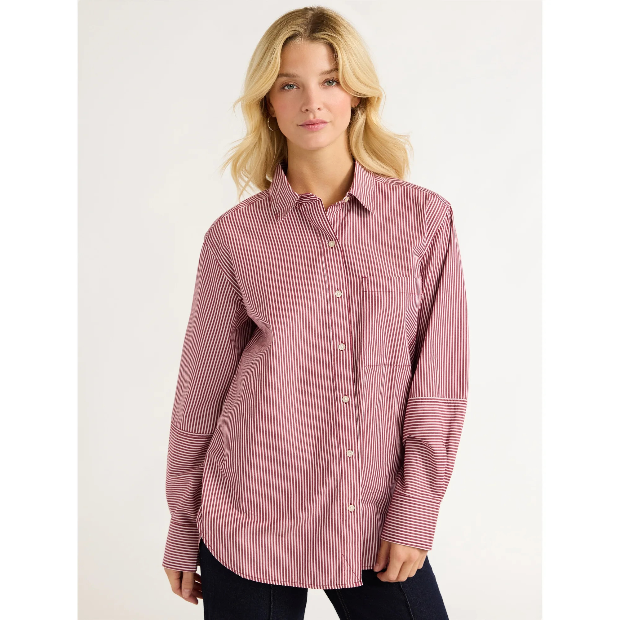 Free Assembly Women’s Button Front Boxy Cotton Tunic Shirt with Long Sleeves, Sizes XS-XXL | Walmart (US)