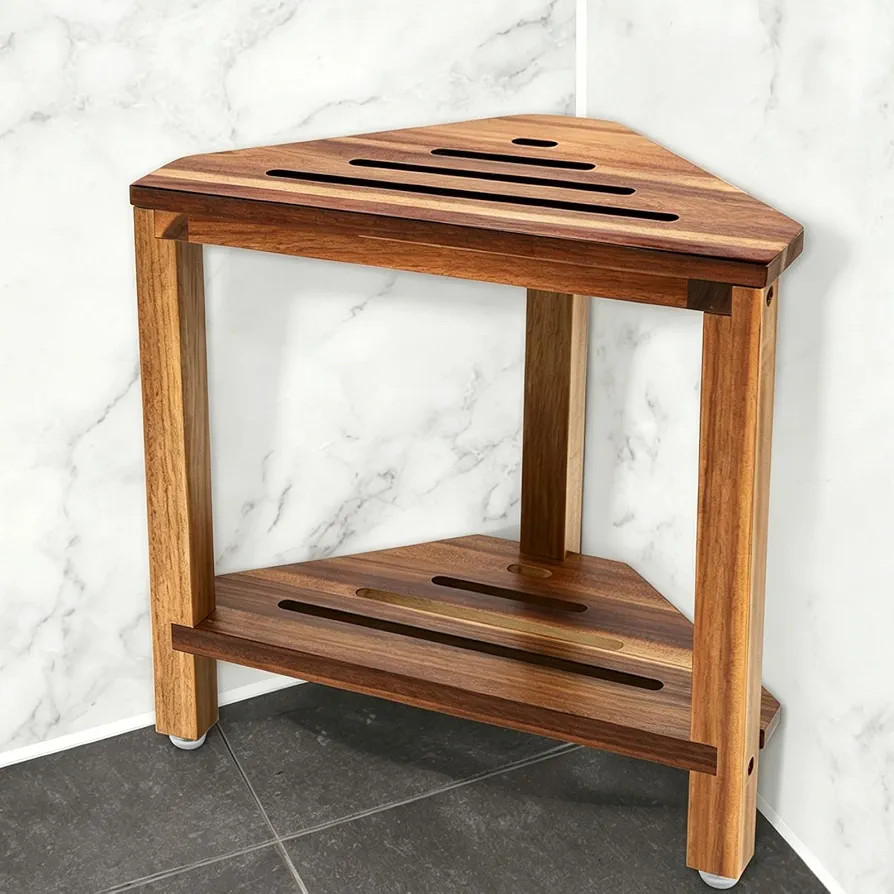 IBosins Corner Shower Stool 14in Small Bench Storage Shelf Natural Finish | Amazon (US)