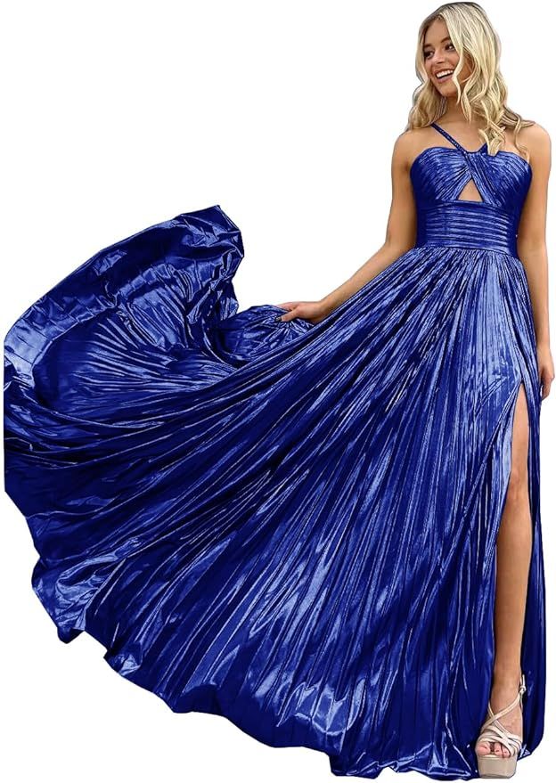 Women's Halter Metallic Sparkly Prom Dress Formal Pleated Long Evening Dress | Amazon (US)