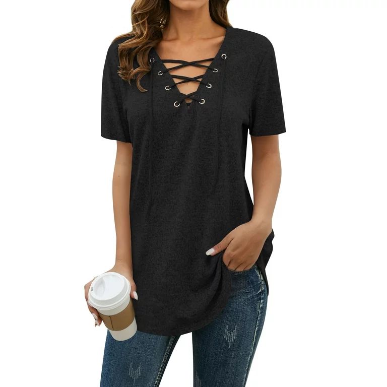 Nlife Women Short Sleeve Lace Up V Neck Long Sleeve Top - Walmart.com | Walmart (US)