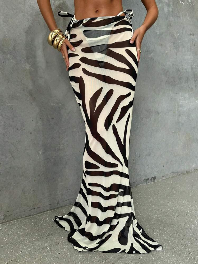 Aloruh Women's Sexy Elegant Romantic Vintage Tropical Rainforest Zebra Print Extra Long Fishtail Skirt Cover Ups , For Summer Beach Vacation,Women Beachwear,Cover Ups For Swimwear | SHEIN