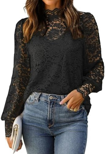 HOTOUCH Lace Tops for Women Sheer Long Sleeve Blouses Dressy Casual Shirt with Camisole 2 PCS Set... | Amazon (US)