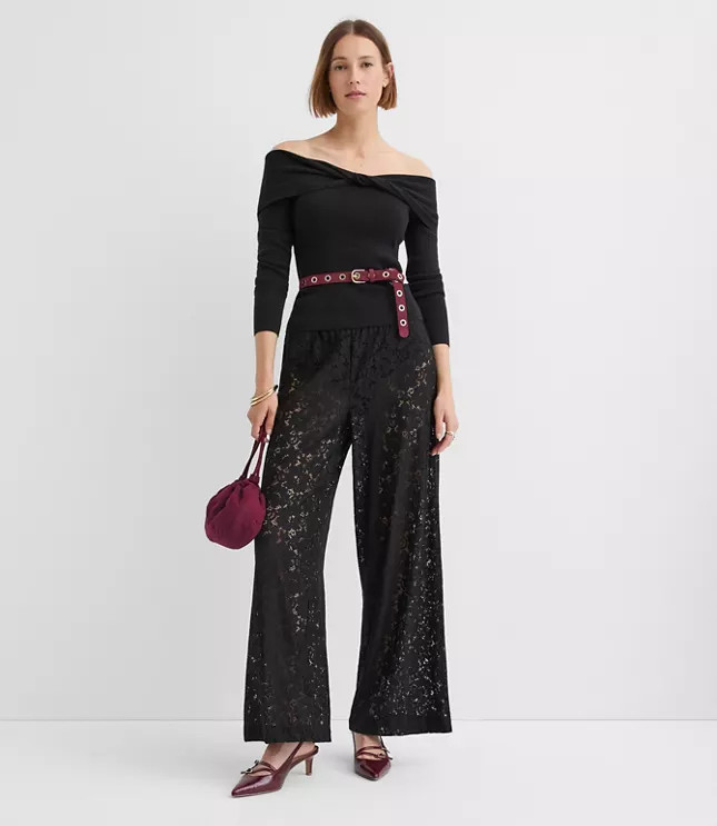 Pull On Wide Leg Pants in Lace | LOFT
