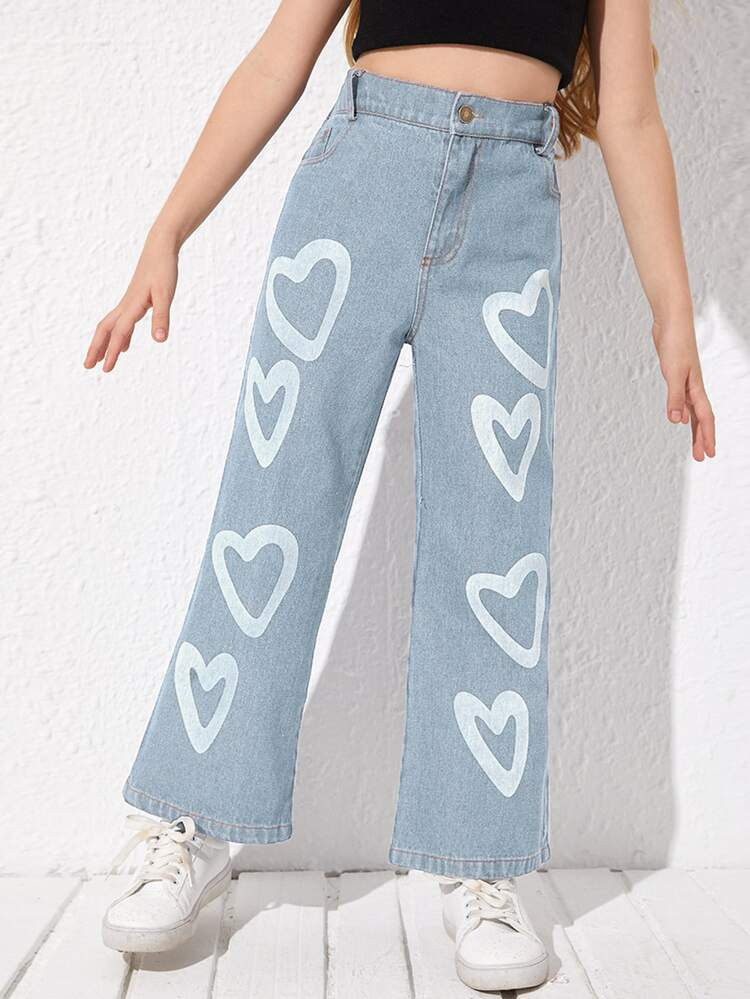 Girls Heart Print Wide Leg Jeans | SHEIN
