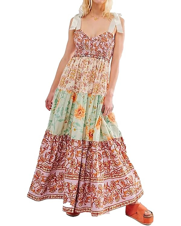 Women Floral Maxi Dress Sleeveless Tie Shoulder Bohemian Flowy Smocked Dresses Casual Summer Sund... | Amazon (US)