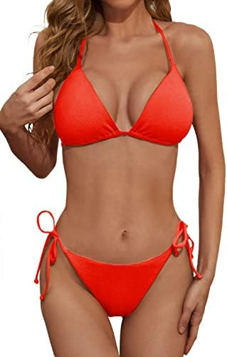 Women's Two Piece Bikini Swimsuit Sexy Ribbed Triangle Top Bathing Suits String Cheeky Bikini Set... | Amazon (US)