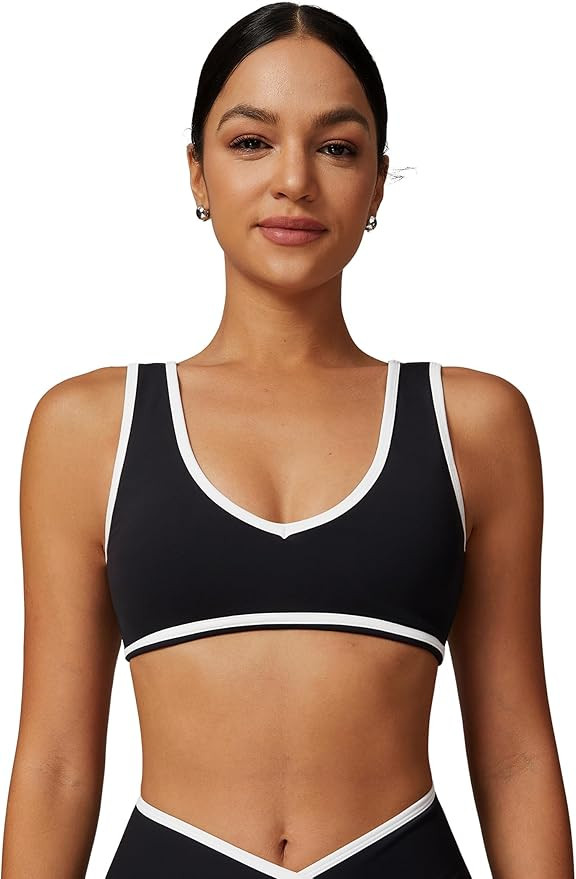 Women's Jogger Sports Bra V Neck Yoga Sports Bra with Removable Padded Cups, Contrasting Color De... | Amazon (US)