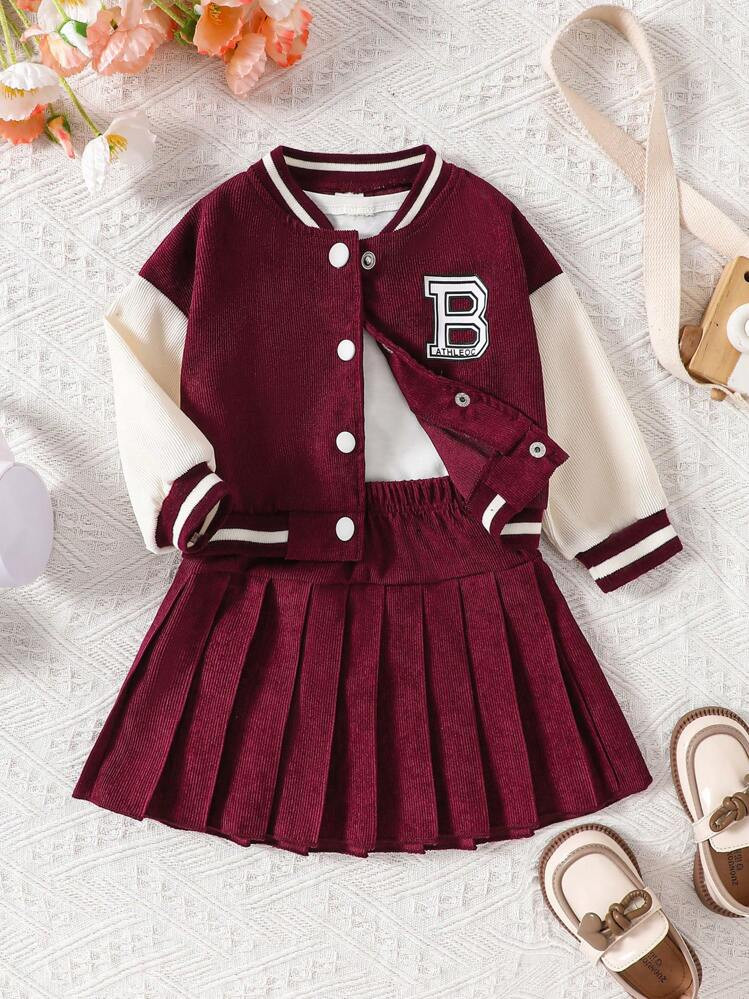 2pcs Baby Girls' Color Block Letter Print Baseball Jacket Set | SHEIN