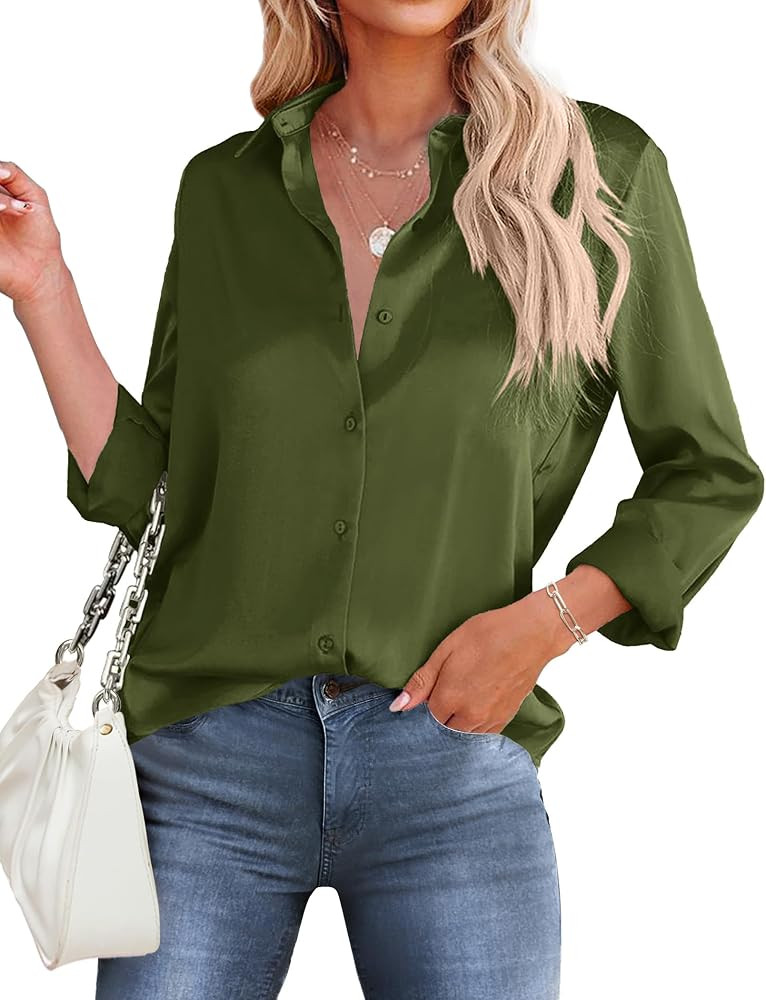 HOTOUCH Women's Satin Silk Shirts Button Down V Neck Dressy Casual Blouse Loose Long Sleeve Offic... | Amazon (US)