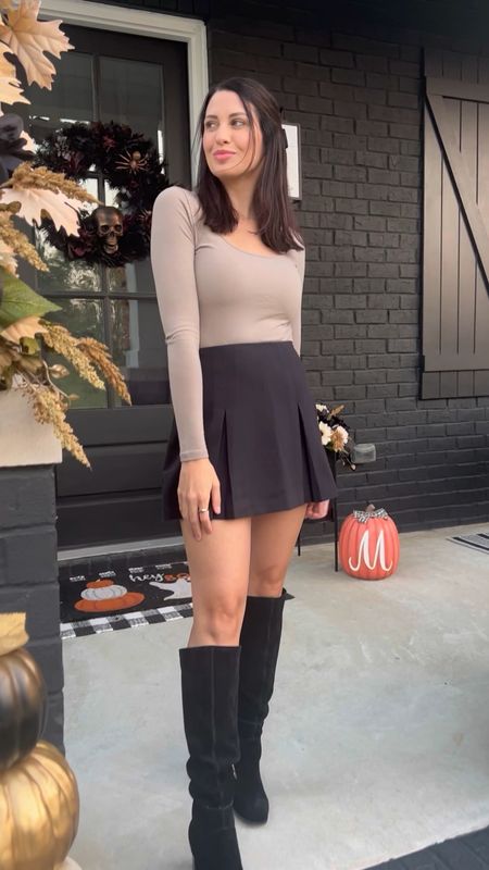 Abercrombie, petite fashion, fall fashion, Abercrombie style, fall tops, skort, boots, black boots, dolce vita, hair bows, hair accessories, fall boots, fall outfit, affordable fashion, mom style, black skirt, casual top, neutral outfit

#LTKstyletip #LTKfindsunder100 #LTKSeasonal