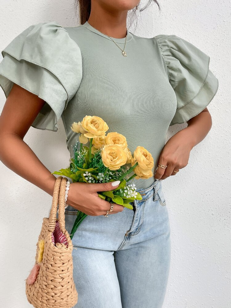 Ribbed Knit Butterfly Sleeve Tee | SHEIN