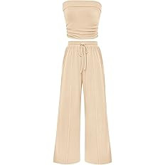 PRETTYGARDEN Womens Summer Outfits 2 Piece Sets Casual Ribbed Knit Crop Tube Top Wide Leg Pants S... | Amazon (US)