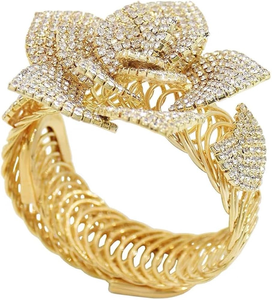Luxury Rhinestone Rose Flower Statement Bangle Bracelet for Women Big Exaggerated Sparkling Cryst... | Amazon (US)