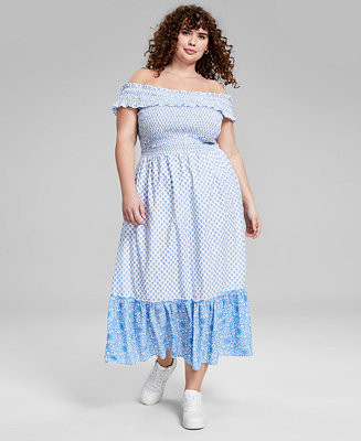 And Now This Trendy Plus Size Cotton Off-The-Shoulder Smocked Dress, Created for Macy's - Macy's | Macy's