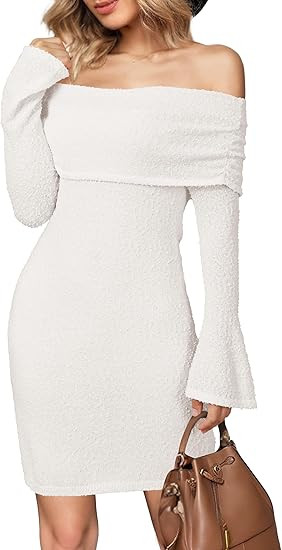 Arach&Cloz Women's Wool Blend Long Sleeve Off Shoulder Sweater Dresses 2025 | Amazon (US)