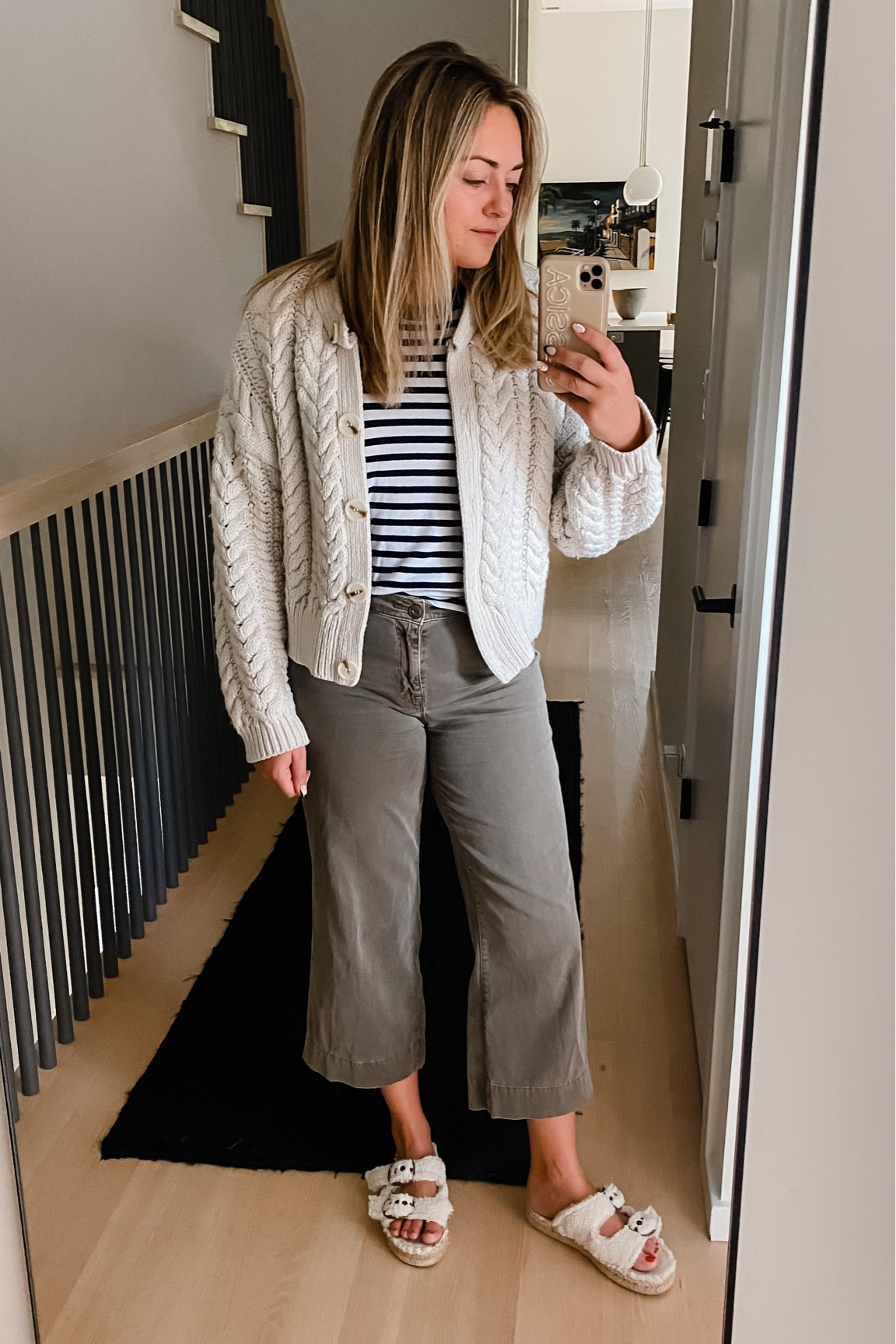 Cargo pants. Striped tee. Cable knit cardigan. Sherpa fuzzy slide sandals. 

#LTKunder100 #LTKworkwear #LTKSeasonal