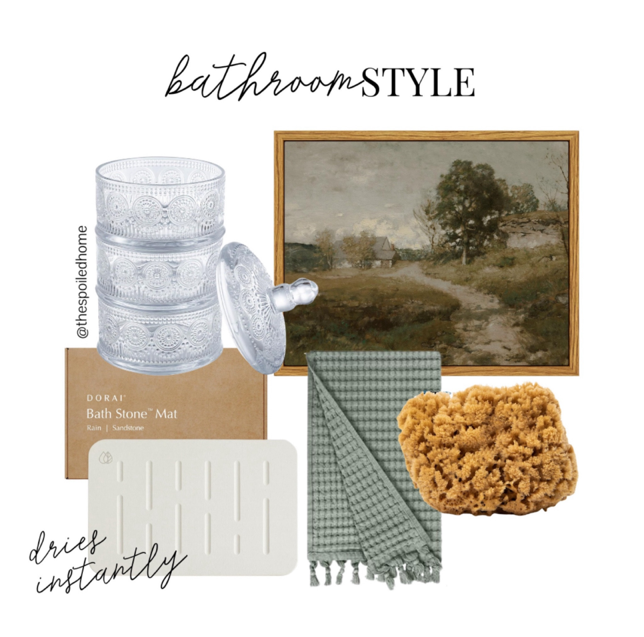 The three tiered glass container is perfect for cotton swabs and the like! The mat is made of diatomaceous earth so it dries almost instantly when stepped on. Such a functional bathroom style inspiration post! 

#LTKFamily #LTKOver40 #LTKHome