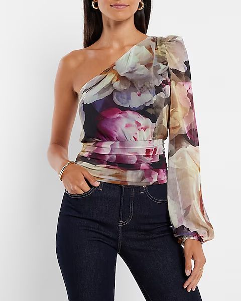 Floral Print One Shoulder Pleated Waist Top | Express