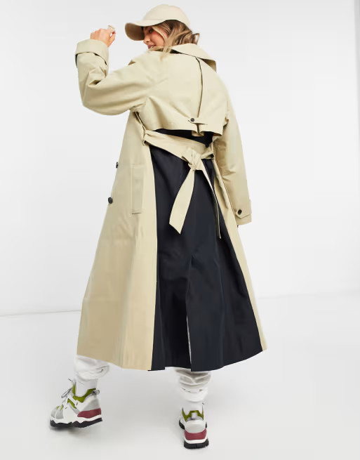 ASOS DESIGN spliced trench coat in black and stone | ASOS (Global)