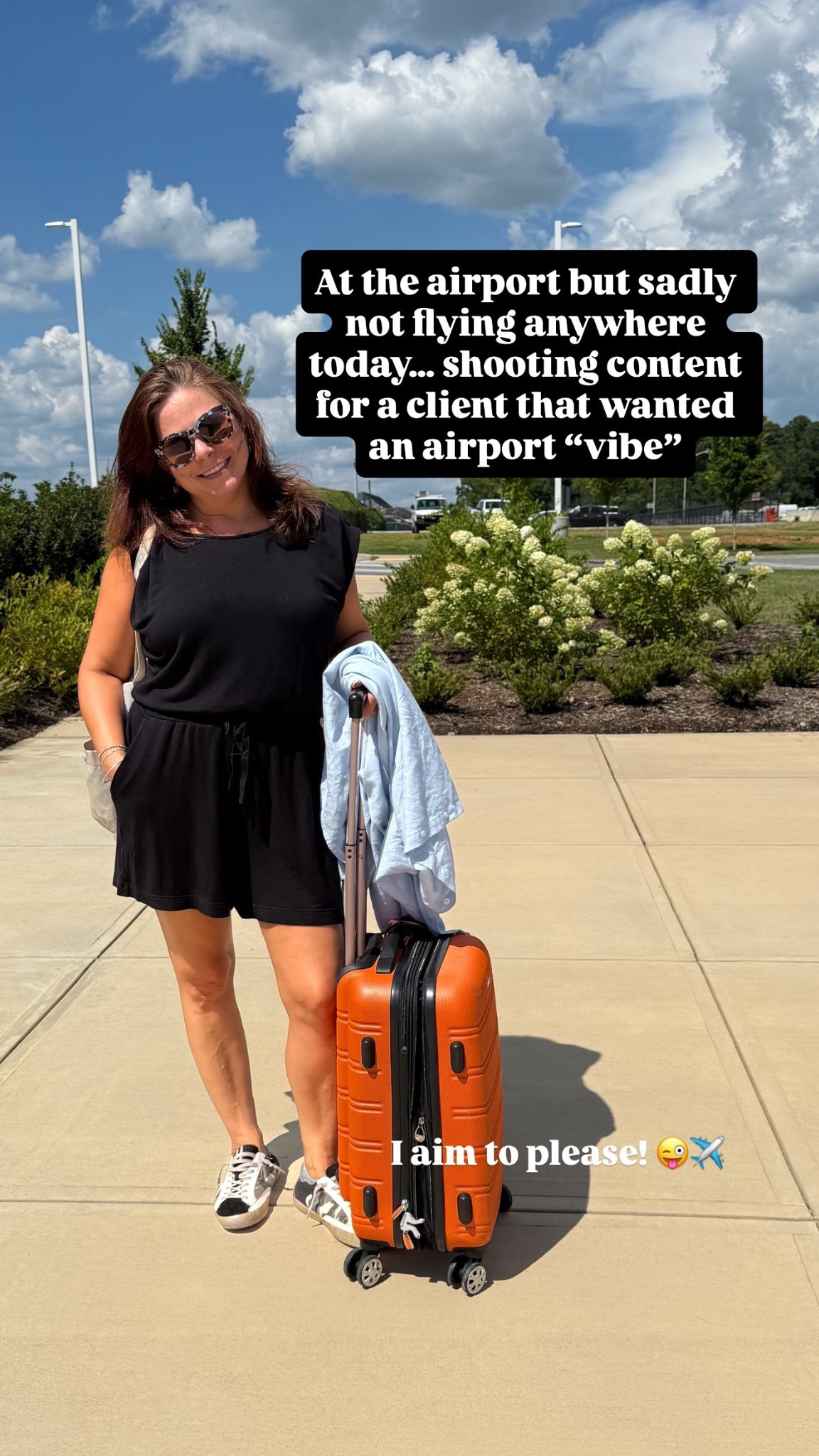 My favorite travel outfit in the summer- a romper, oversized button down if  the plane is cold, and slip on sneakers!

At the airport but sadly not flying anywhere today… shooting content for a client that wanted an airport “vibe” I aim to please! 😜✈️