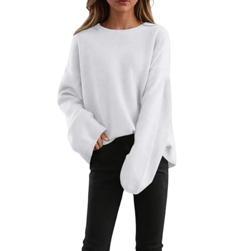 Women Oversized Knit Sweater Warm Long Sleeve Round Neck Tunic Pullover Tops Loose Fit Fashion Fall Winter Shirts White | Amazon (US)